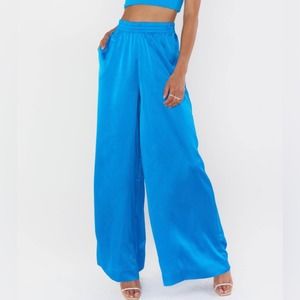 Show Me Your Mumu Blue Satin Irwin Wide Leg Pants XS
